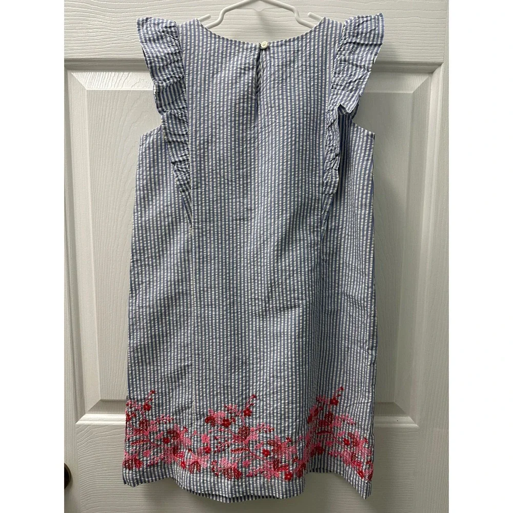 Gap Kids Girls Blue White Striped Seersucker Floral Embroidered Dress Size M 8-9